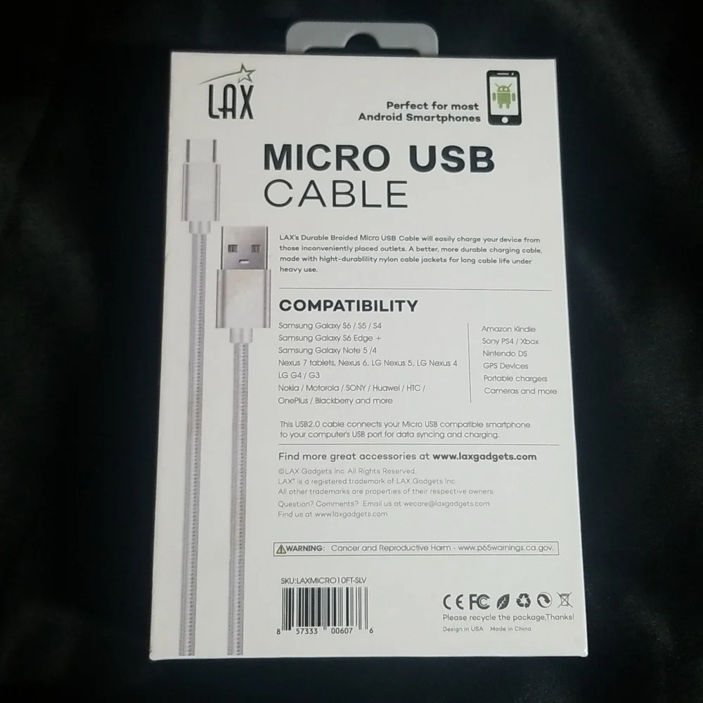 USB cable charging cord for Android smartphone Silver